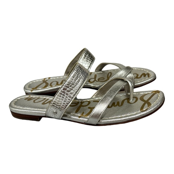 Sam Edelman Bernice Leather Metallic Silver Toe Loop Sandals Flats Sz 9.5 M - Picture 3 of 10